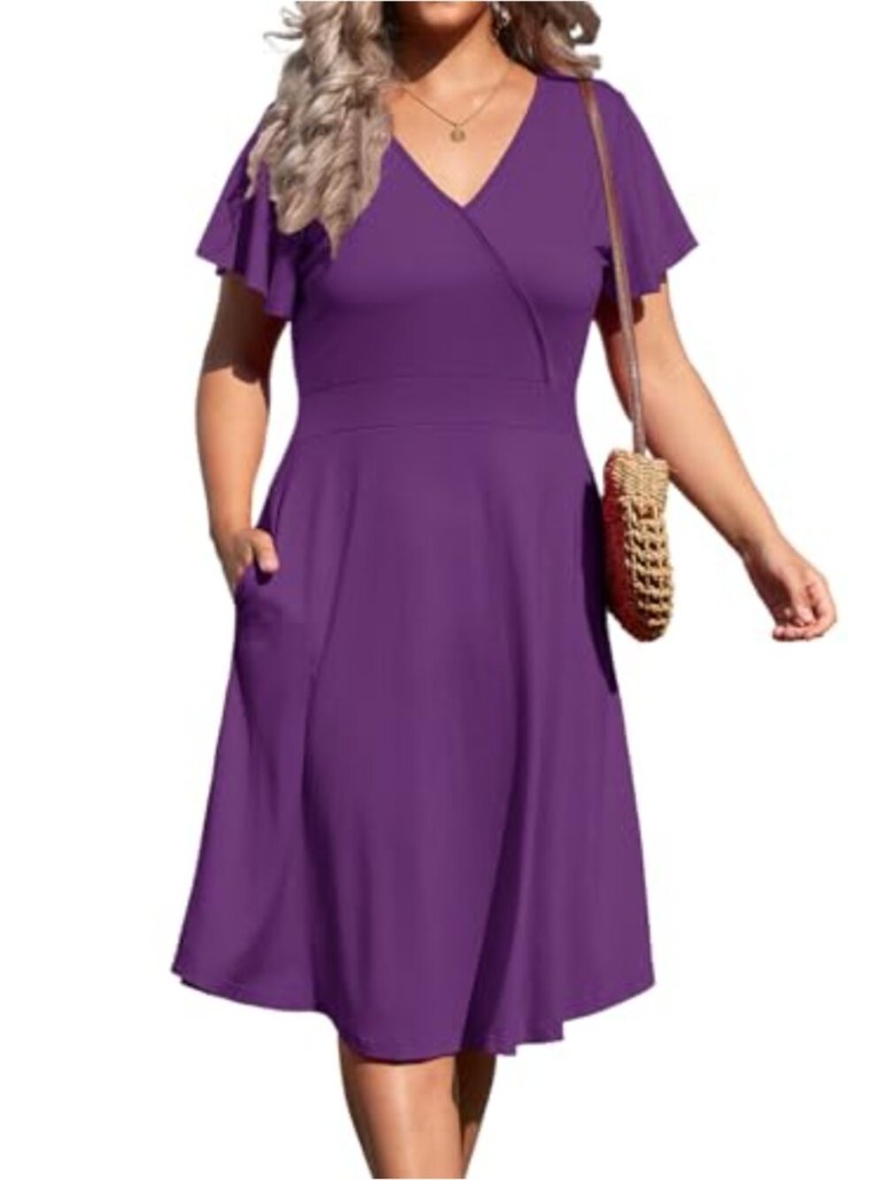 Plus Size V Neck Midi Dress with Pockets – Summer Casual A-Line Short Sleeve